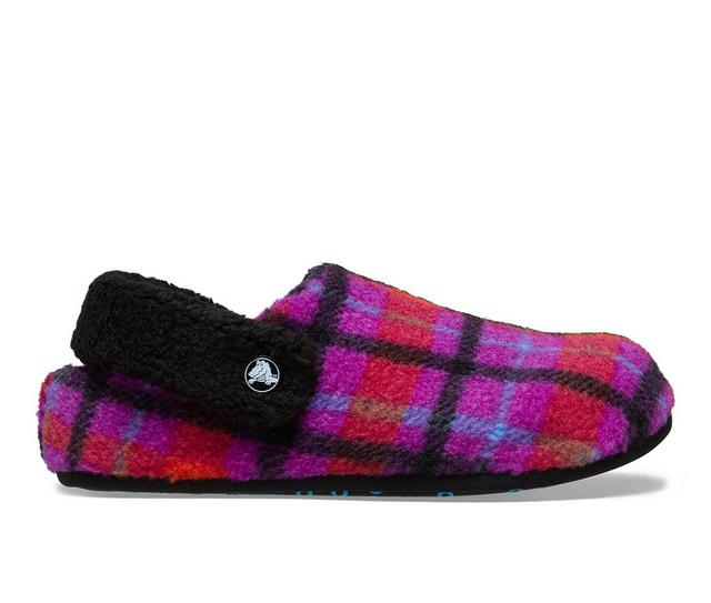 Women's Crocs Classic Cozzzy Plaid Slipper Clogs in Grapeberry color