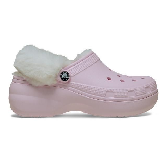 Women's Crocs Classic Platform Fuzz Lined Clog Clogs in Pink Milk color