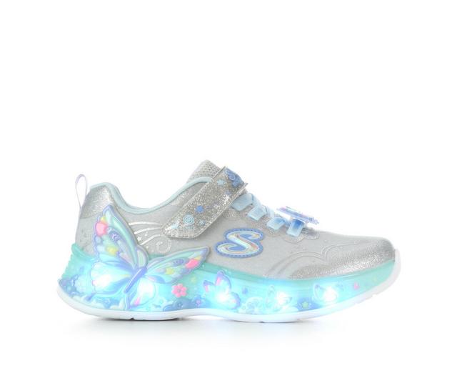 Girls' Skechers Little Kid Butterfly Bliss Light-Up Shoes in Silver/Lt Blue color