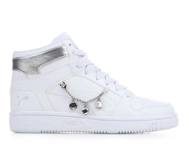 Girls' Puma Rebound Layup Charms Mid Junior Sneakers in Wht/Wht/Silver color