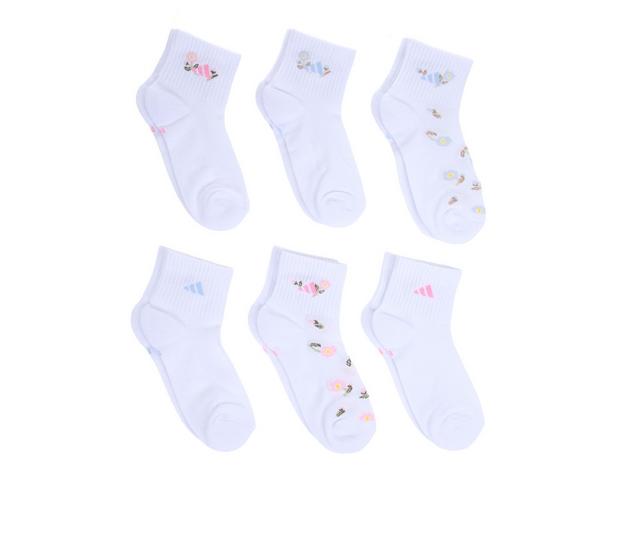 Adidas Girls' 6 Pair Cushioned Graphic Quarter Socks in White/Bloom color