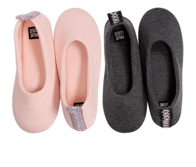 MUK LUKS Women's Travel Ballerina 2 Pack Slippers in Dark Grey/Pink color