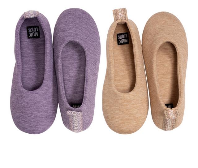 MUK LUKS Women's Travel Ballerina 2 Pack Slippers in Taupe/Purple color