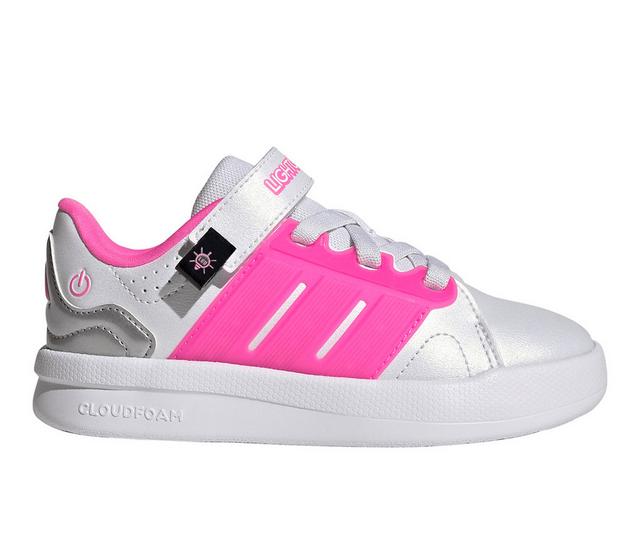 Girls' Adidas Little Kid Lightorama Court Light-Up Shoes in Wht/Pink/Silver color