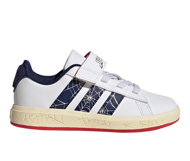 Boys' Adidas Little Kid & Big Kid Grand Court Spider Sneakers in Wht/Dk Blue color