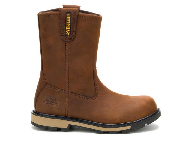 Men's Caterpillar 247 10" Steel Toe Wellington Work Boots in Dark Brown color