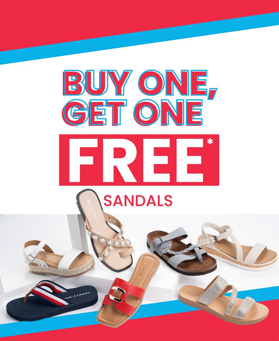 Select women's and girls' sandals are buy one pair, get one free for a limited time!