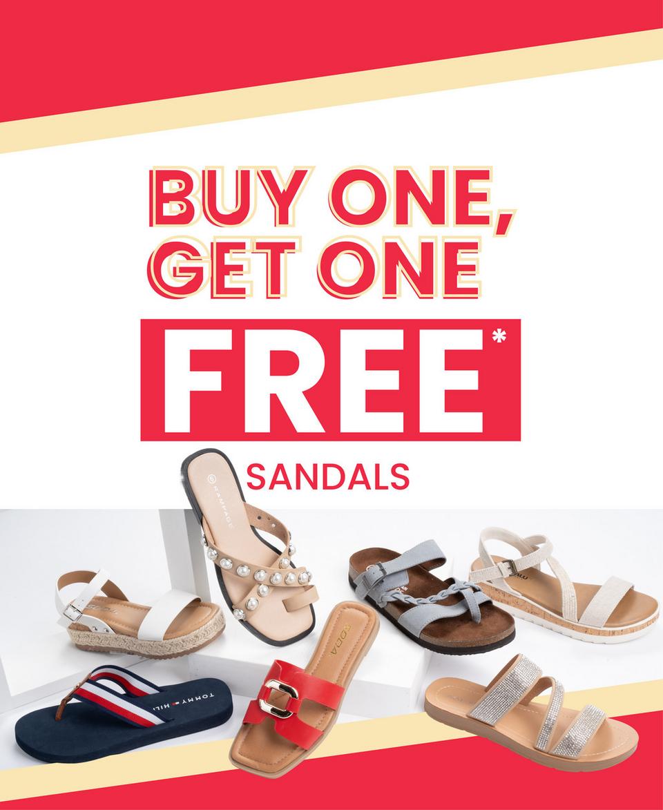 Select women's and girls' sandals are buy one pair, get one free for a limited time!