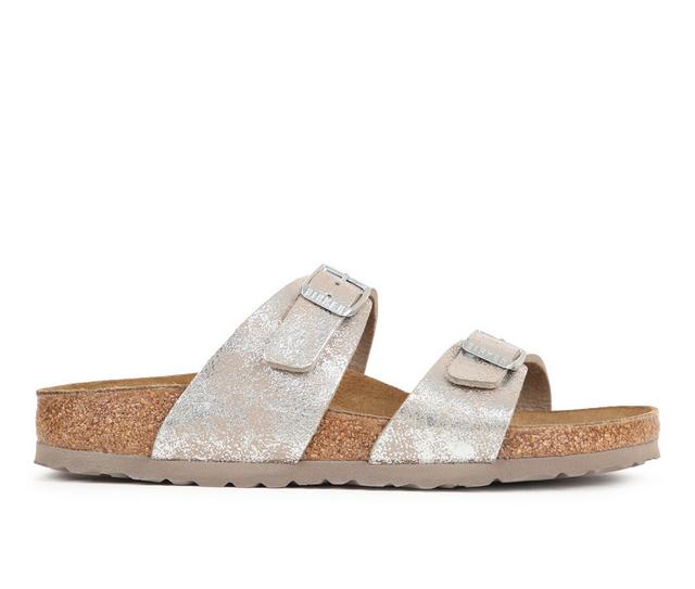 Women's Birkenstock Sydney Footbed Sandals in Silver Metallic color