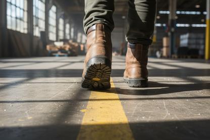 Man in work boots walking on a concrete floor