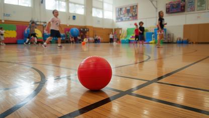 PE Dodgeball on a gym floor with kids in gym class running around it