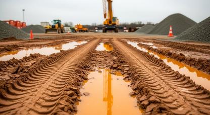 Rainy, muddy construction site with construction equipment in the background