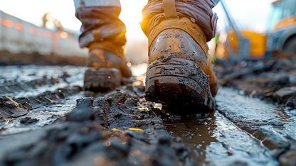 Person in work boots walking through the mud