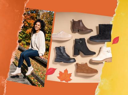 Woman sitting with a lot of boots beside her