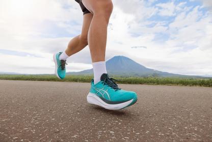 Asics Gel Nimbus 27 Running Shoe with a mountain in the background