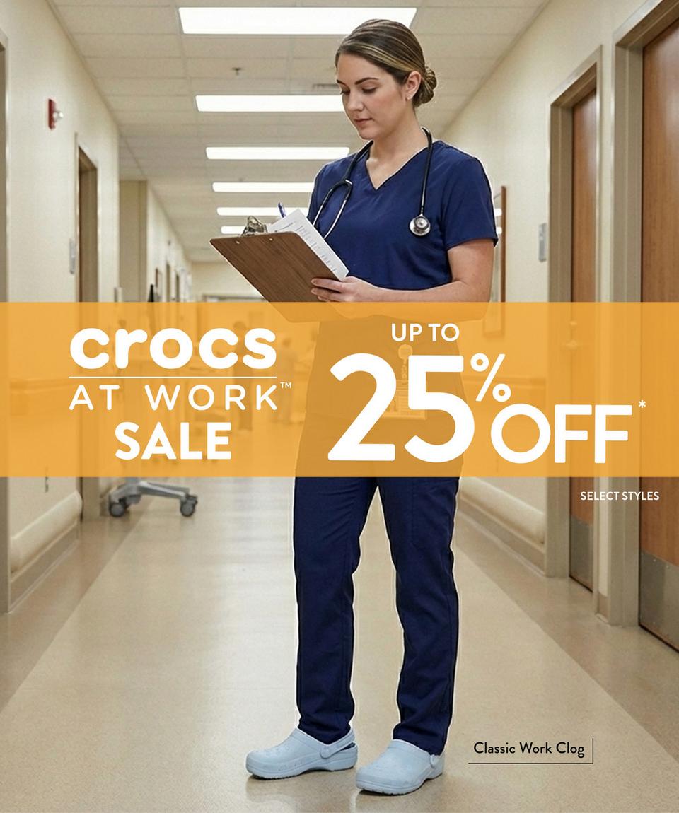 Save up to 25% off slip-resistant, around the clock comfort styles from Crocs at Work. 