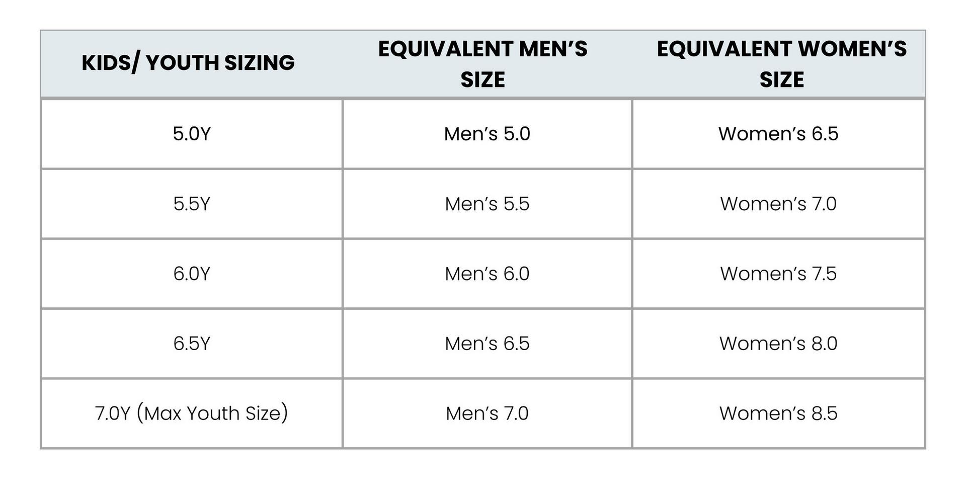 Kid's to adult sizing matrix