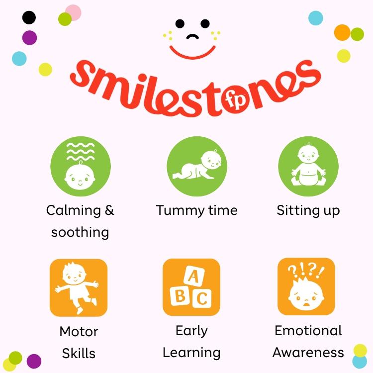 Smilestones - Calming & soothing, tummy time, sitting up, first words, crawling, baby walking.