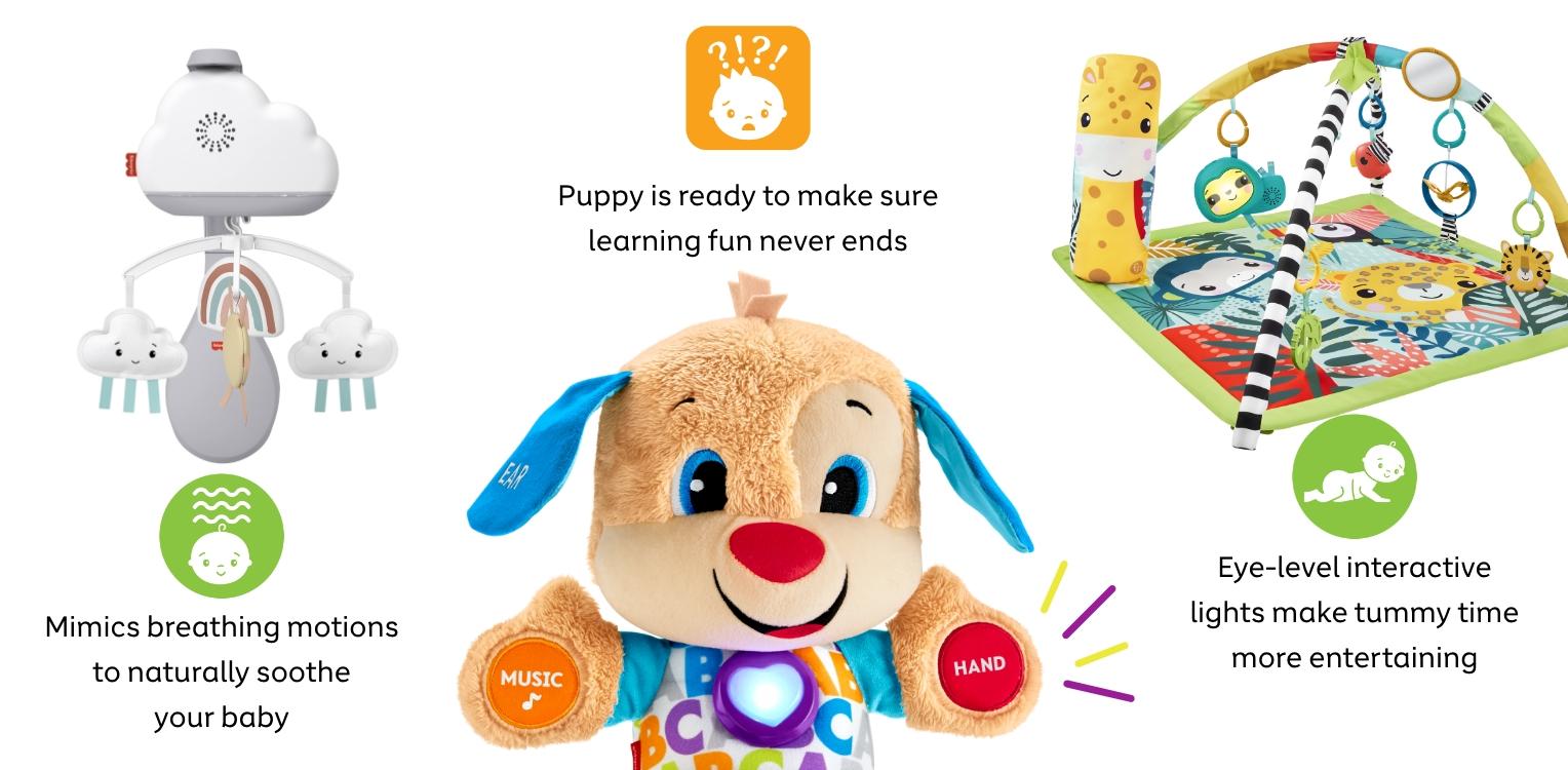 Mimics breathing motions to naturally soothe your baby, Teaches baby over 100 first words, Eye-level interactive lights make tummy time more entertaining