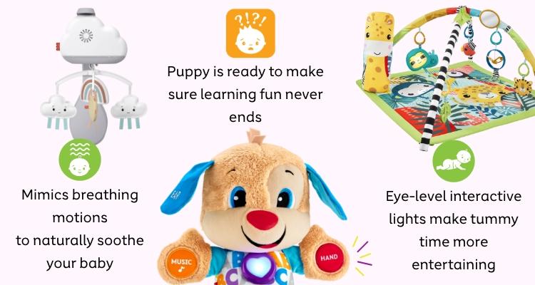 Mimics breathing motions to naturally soothe your baby, Teaches baby over 100 first words, Eye-level interactive lights make tummy time more entertaining