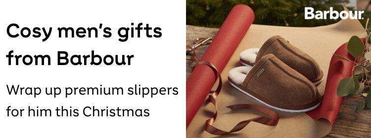 Cosy Mens Gifts from Barbour. Wrap up premium slippers for him this Christmas. 