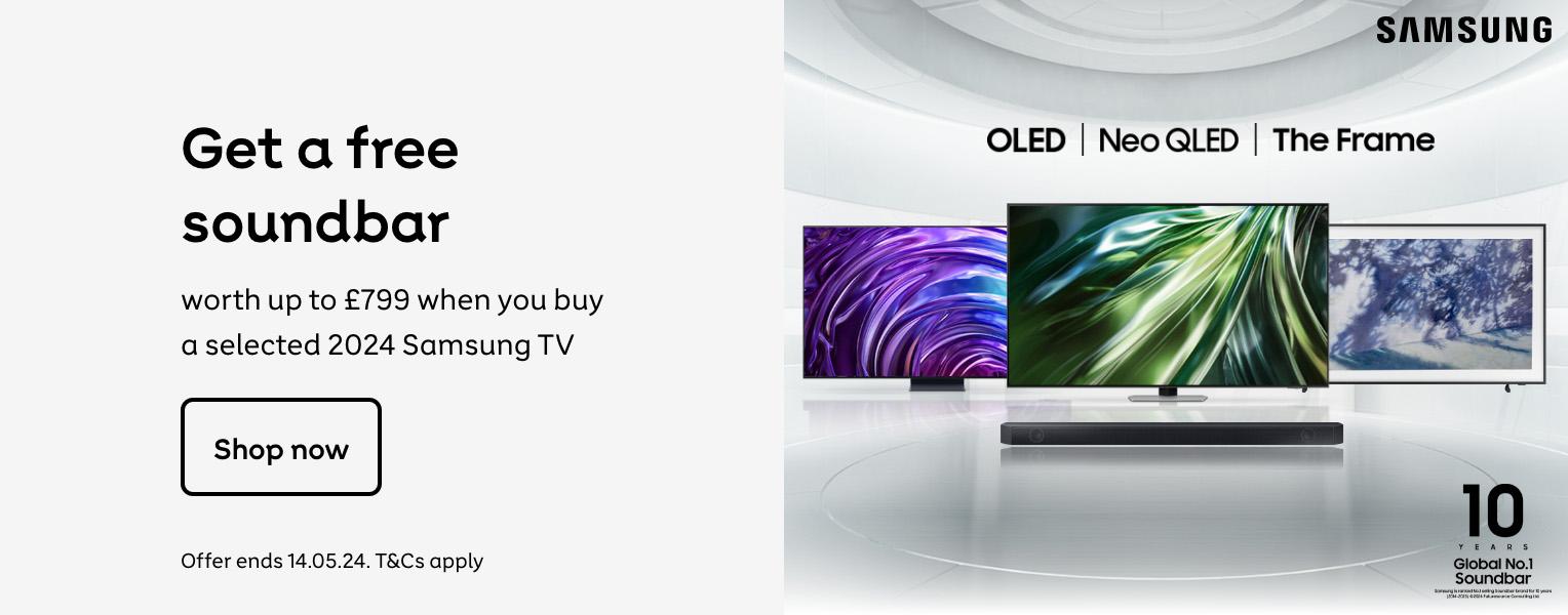 Samsung | Get a free soundbar worth up to £799 when you buy a selected 2024 Samsung TV. Shop now. Offer ends 14.05.24. T&Cs apply