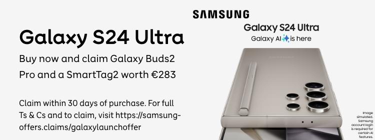 Samsung | Galaxy S24 Ultra. Buy now and claim GalaxyBuds2 Pro and a SmartTag worth 253 Euros. Shop now. claim within 30 days of purchase. for full T&Cs and to claim, visit https://samsung-offers.claims/galaxylaunchoffer