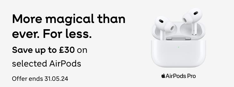 AirPods Pro | More magical than ever. For less. Save up to £30 on selected AirPods. Offer ends 31.05.24. Shop now.