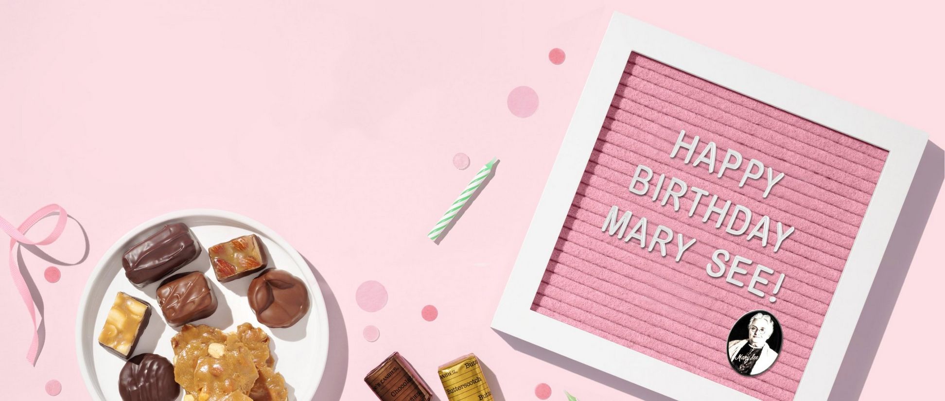 A pink frame that says "Happy Birthday Mary See" with a plate of chocolate and a pink background.