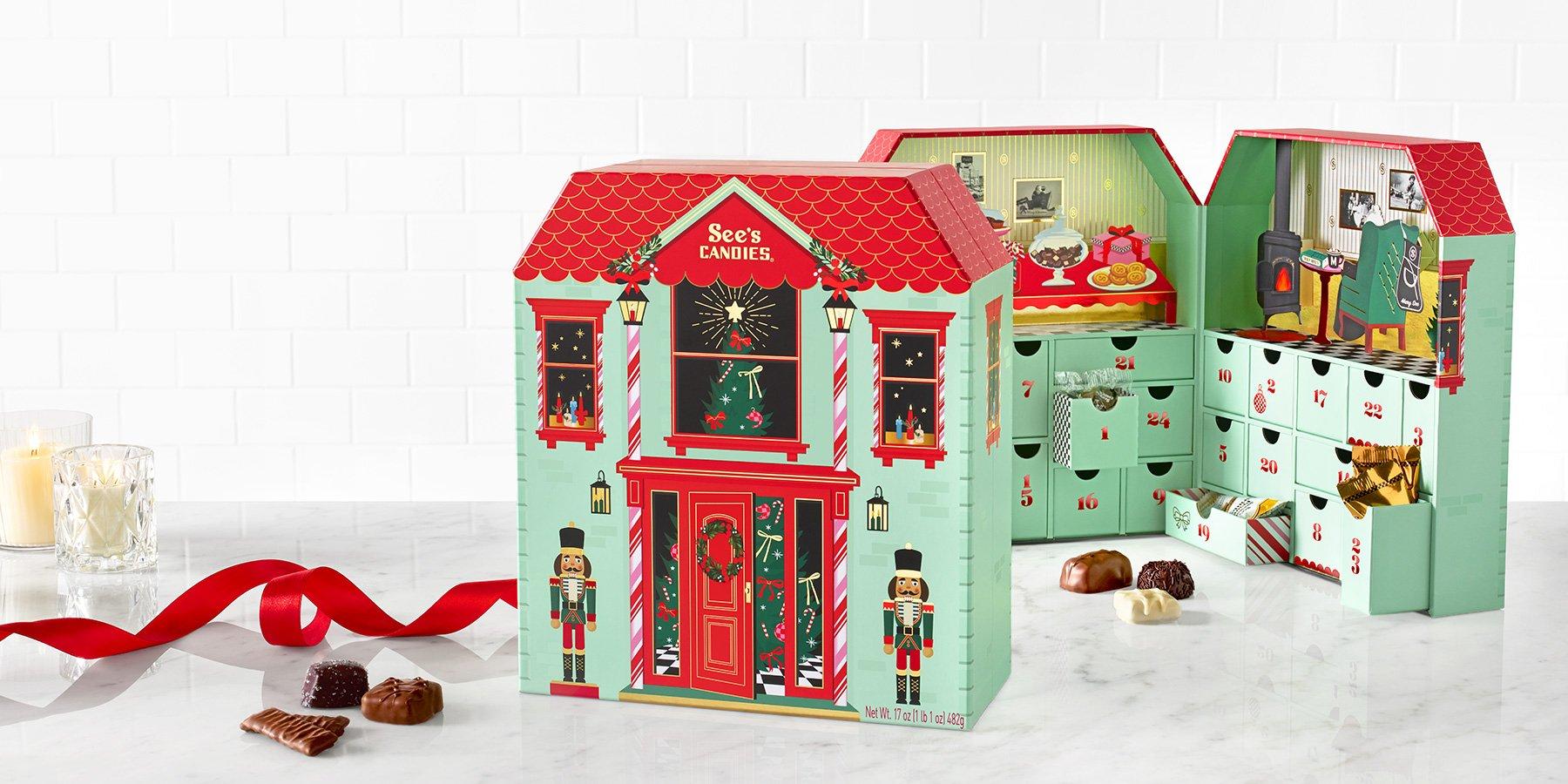 See's 2025 Advent Calendar with a variety of chocolates around