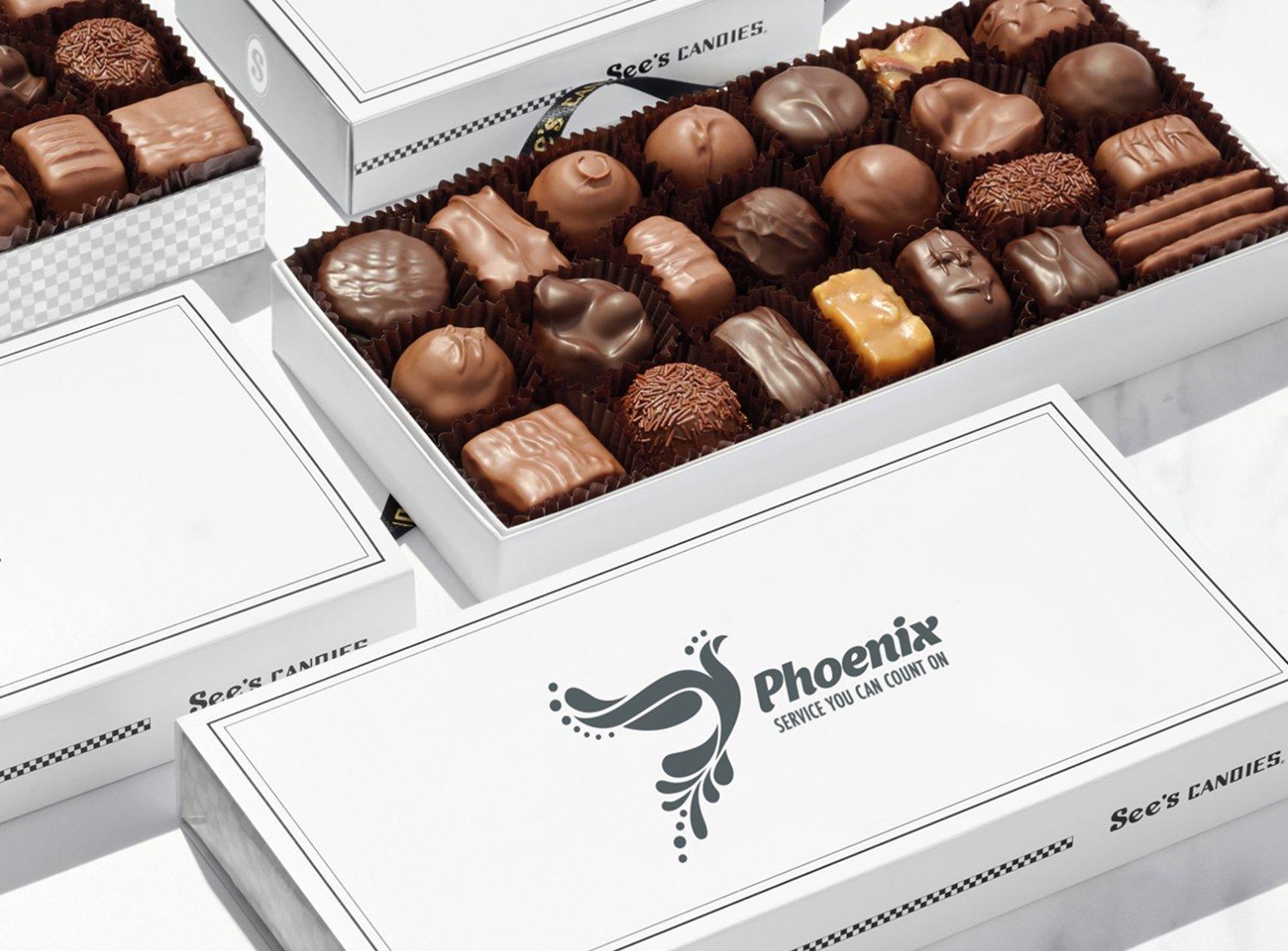 Boxes of chocolates with Pheonix Brand Logo printed on the sleeve