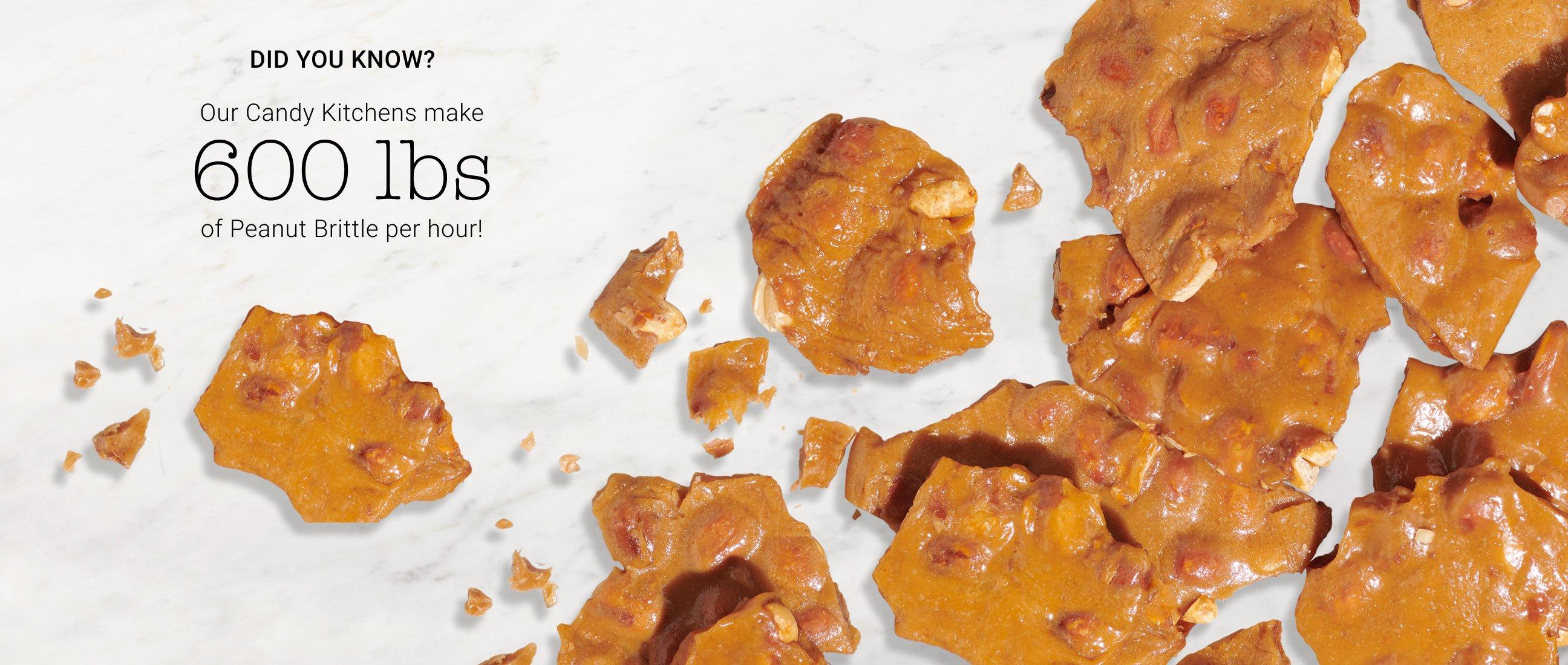See's Peanut Brittle with a caption that reads "See’s makes 600 lbs of Peanut Brittle per hour!"