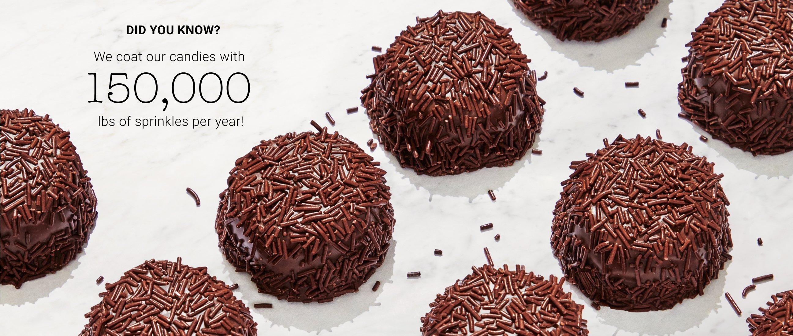 Close up of Bordeaux Treat with a caption that reads "We coat our candies with 150,000 lbs of sprinkles per year!"