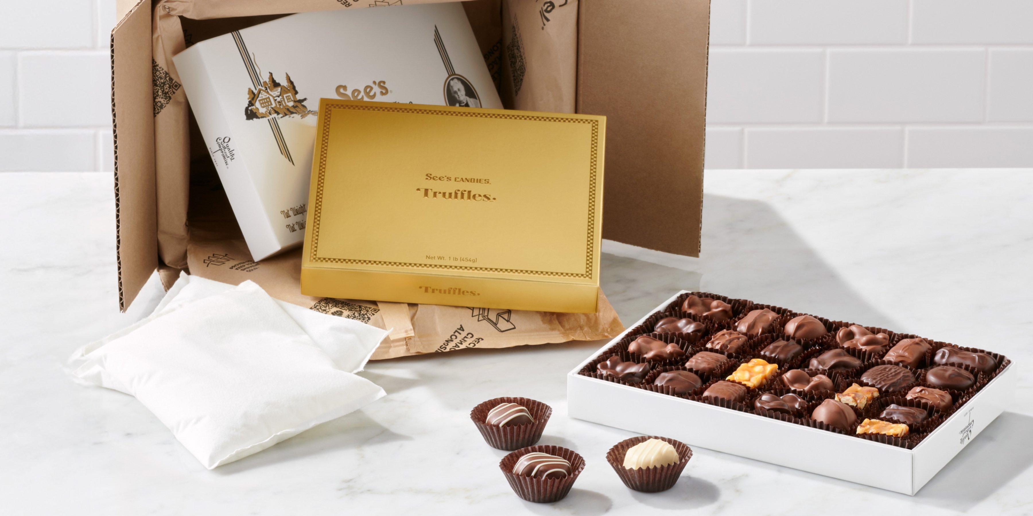 Boxes of chocolates coming out of an insulated shipping box