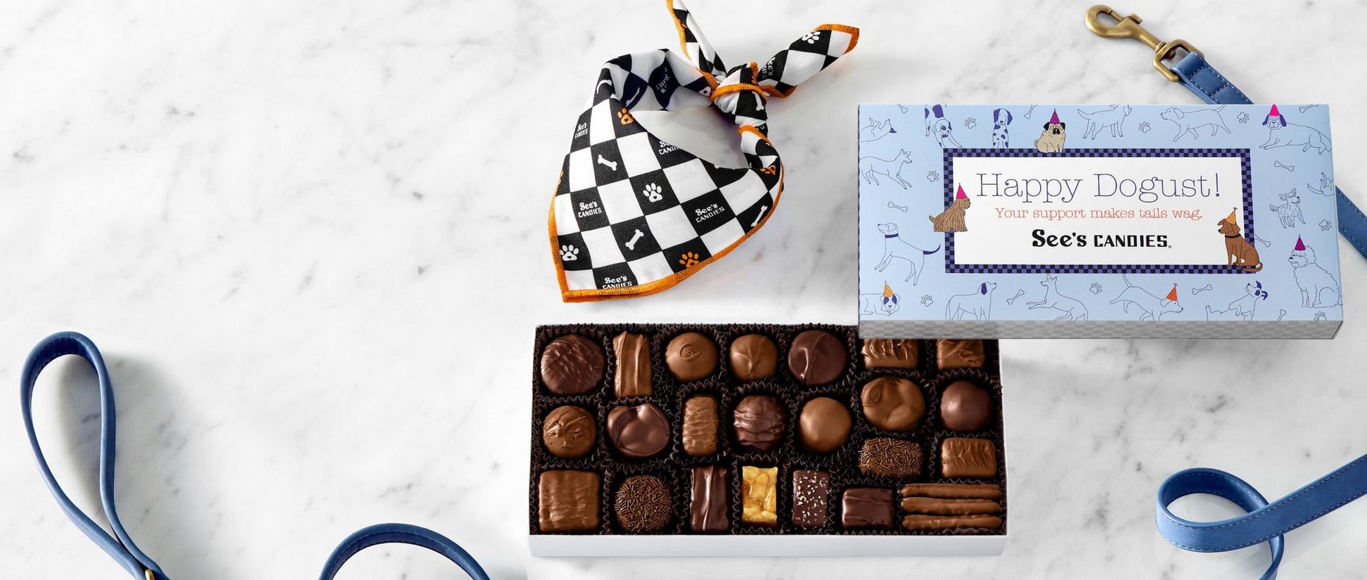 Featuring Dogust collection with new See's Dog Bandana and Dogust Assorted Chocolates