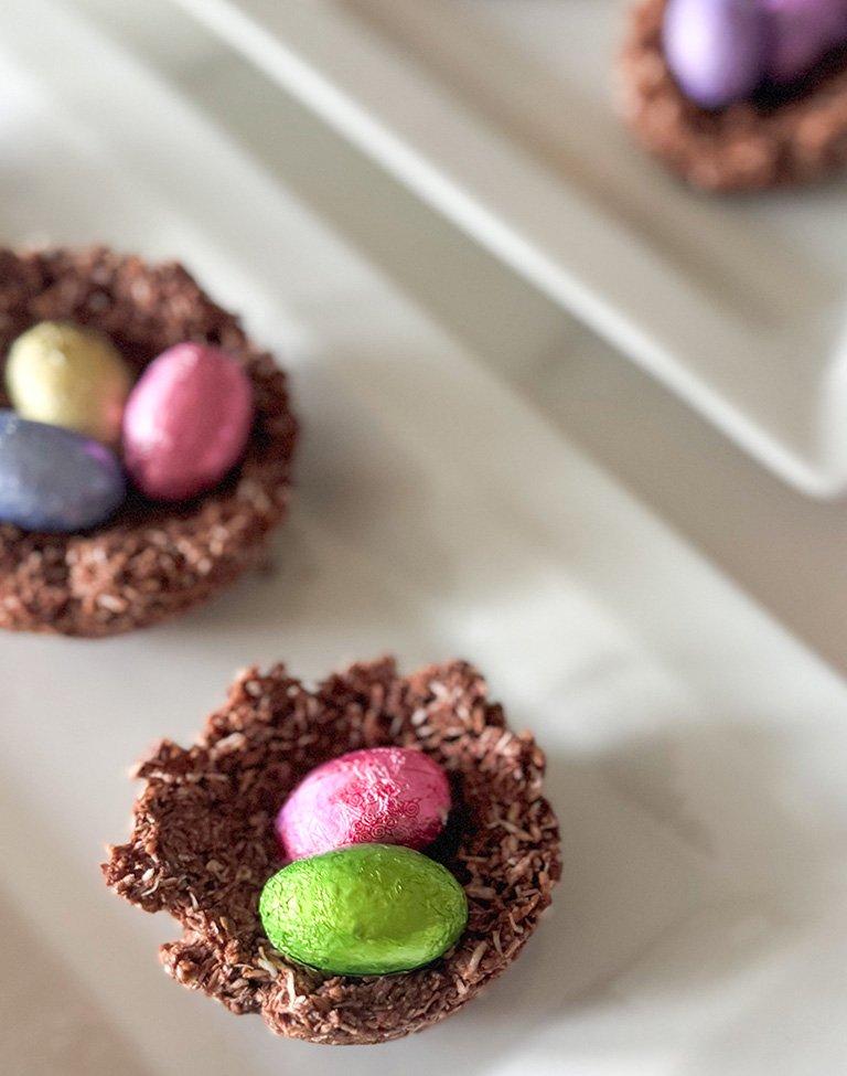 Chocolate coconut nests with See's Candies foil eggs inside