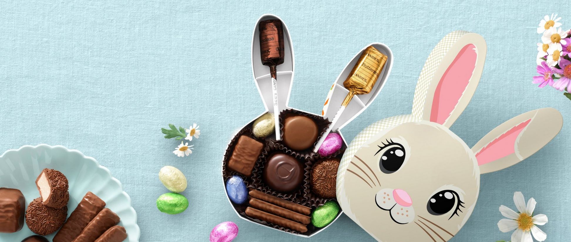 Close up of See's Candies Bunny Box