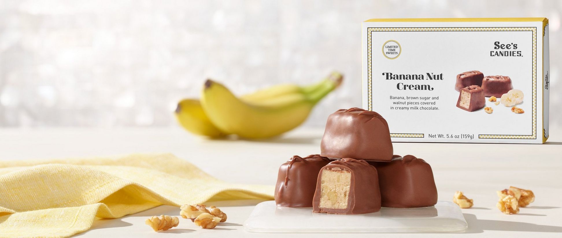 Pieces of banana nut cream with the packaging in the background