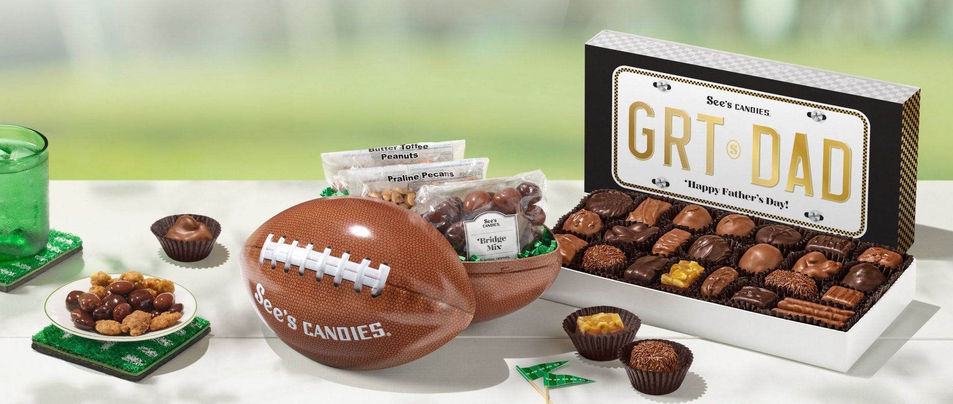 variety of Father's Day gifts featuring 1lb assorted chocolates and snack attack tin