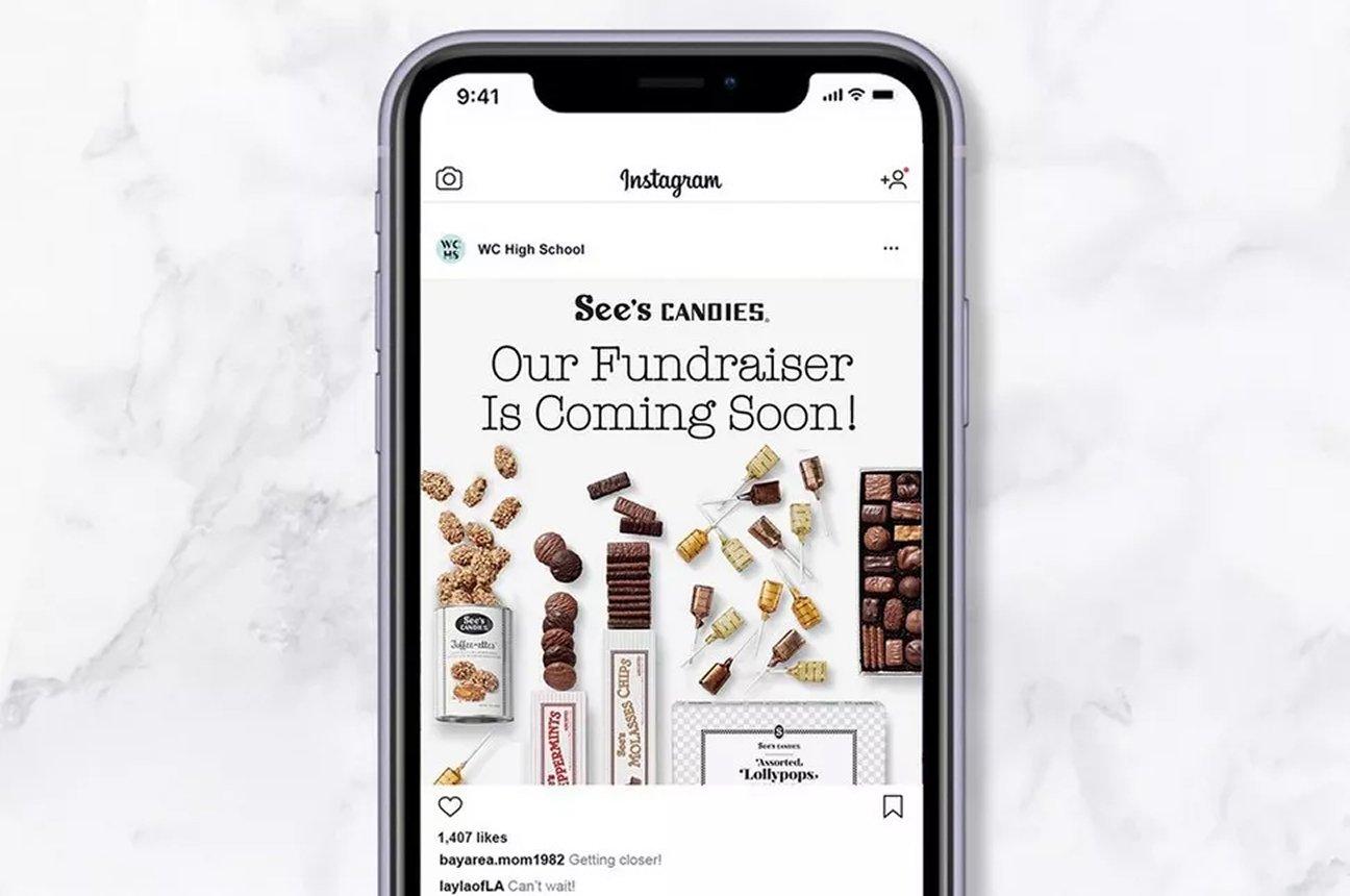 A phone screen open on a See's Candies fundraiser announcement Instagram post 