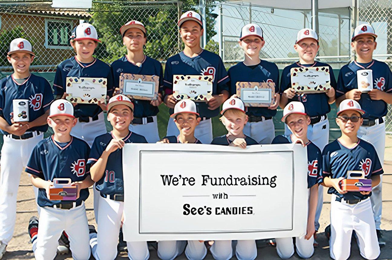 A school baseball team with a sign saying "We're Fundraising with See's Candies"