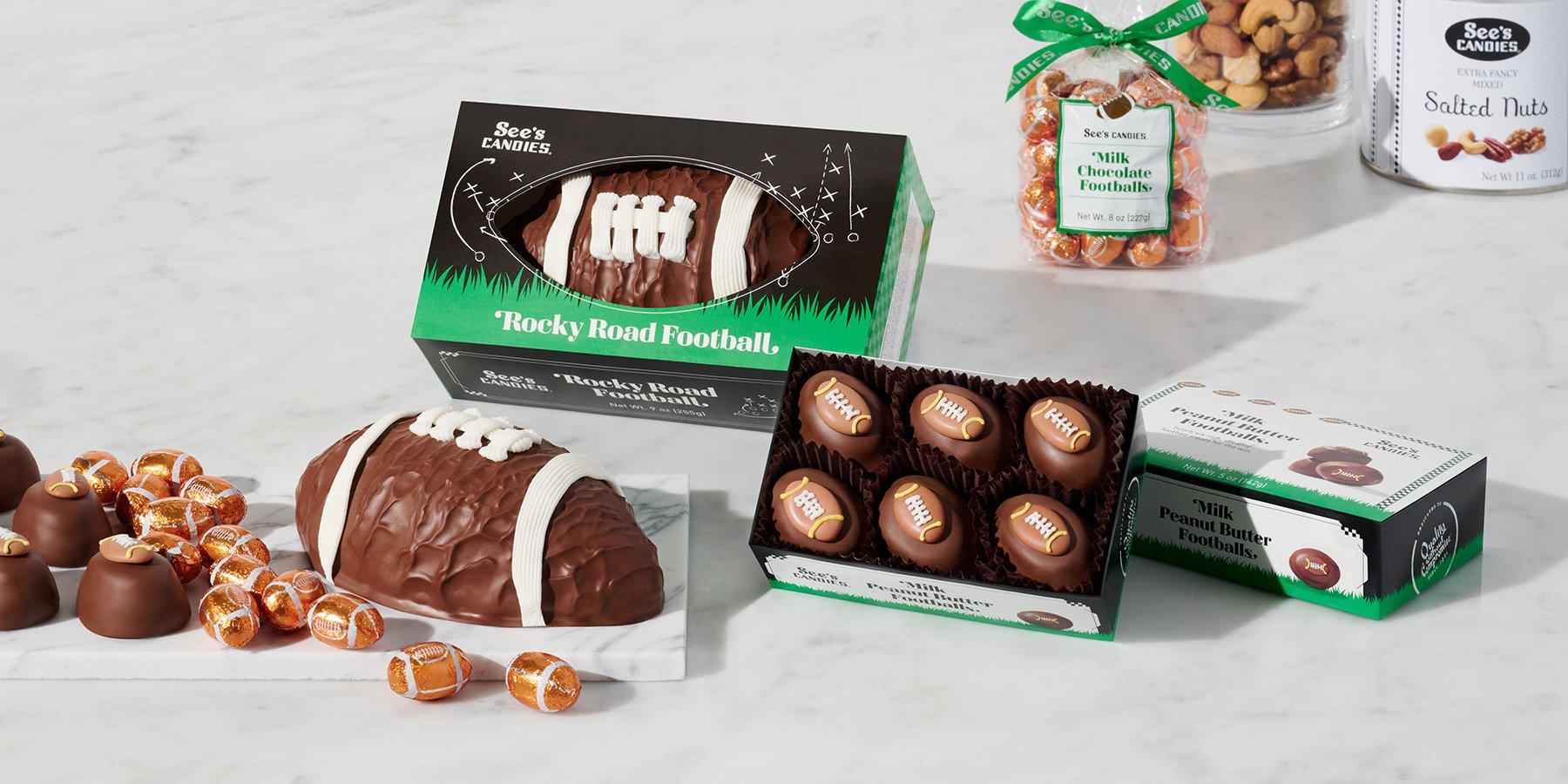 See Candies Rocky Road Football and Milk Peanut Butter Footballs