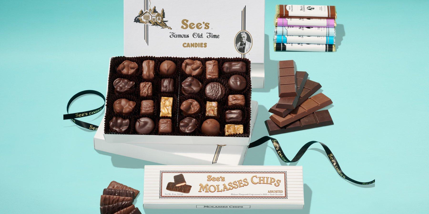1lb assorted chocolates, See's candies molasses chips, and candy bars on a teal background