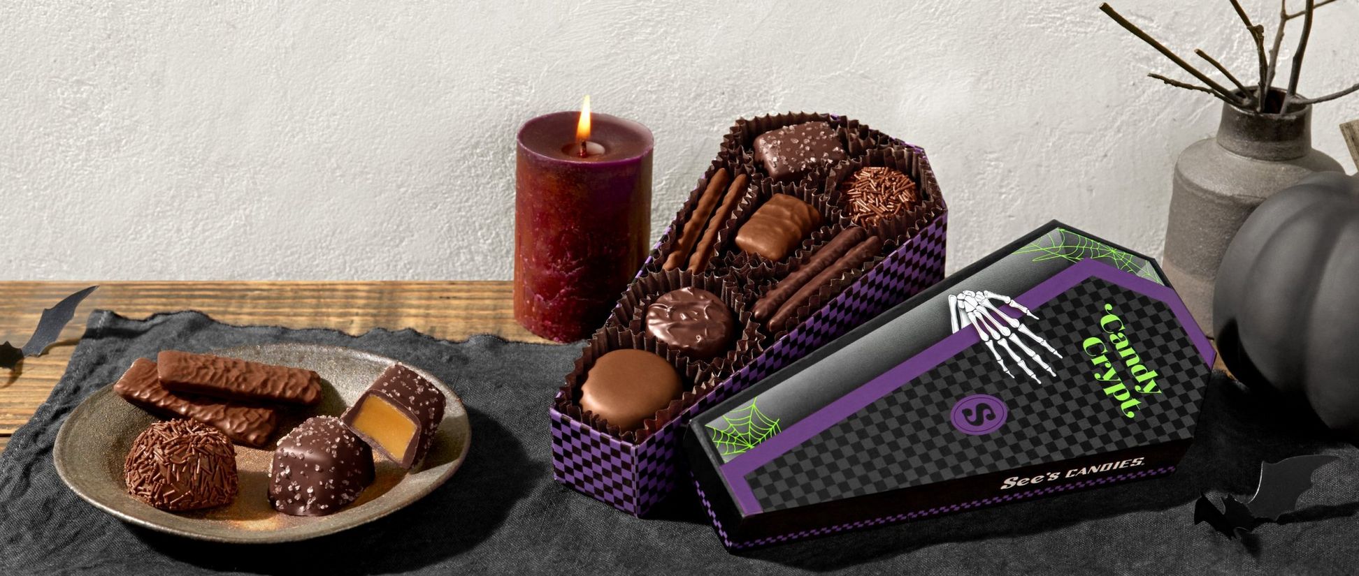 See's Candies Candy Crypt next to a variety of chocolate pieces
