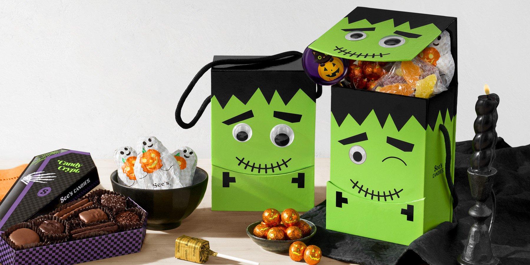 Variety of chocolates featuring See's Little Frankie Candy Keeper and the Candy Crypt.