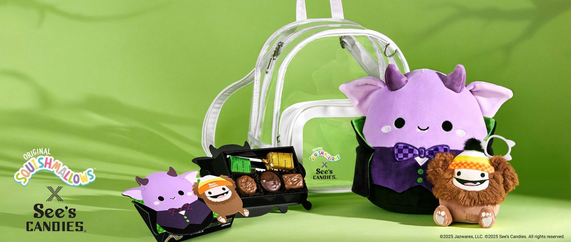 Goblin Squishmallow next to a Benny the Bigfoot Clip on a green background.