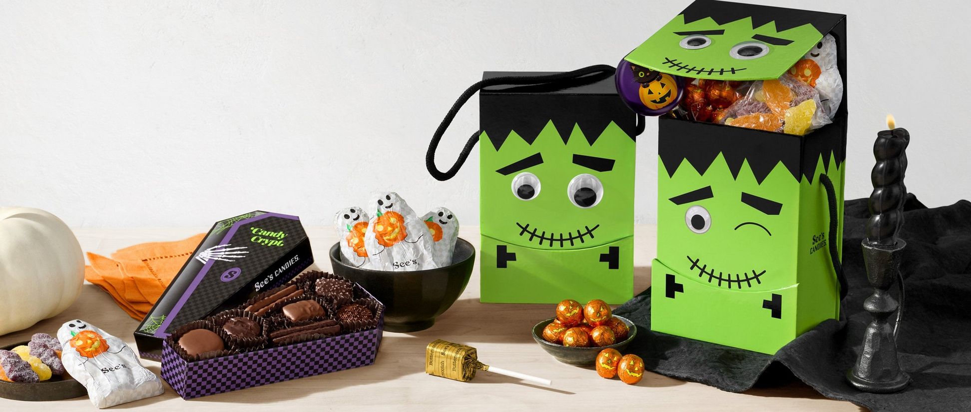 See's Little Frankie Candy Keeper gift set and Candy Crypt boxed chocolates