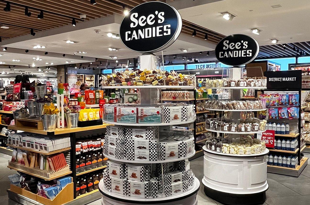 An image of a retail display case filled with See's Candies products. 