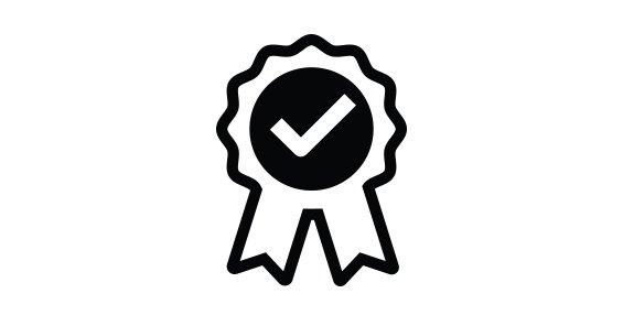 An icon of a ribbon with a checkmark inside
