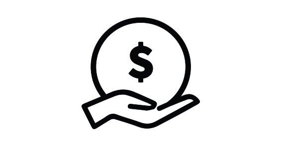 An icon of a hand holding a coin with a dollar sign